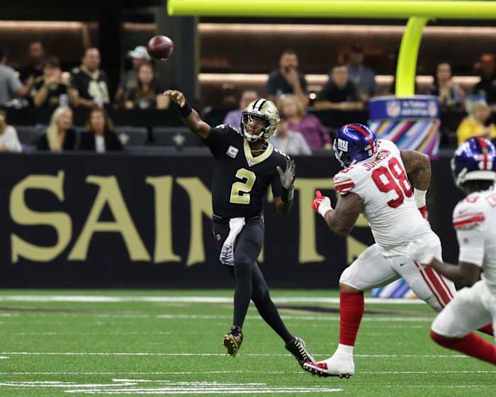 New Orleans Saints quarterback Jameis Winston (2) passes downfield against the New York Giants. Mandatory Credit: Stephen Lew-USA TODAY